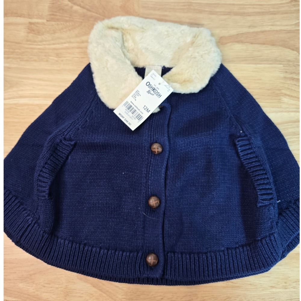 OshKosh Bgosh Girls Navy Blue Faux Fur Collar Sweater Poncho 12M NWT